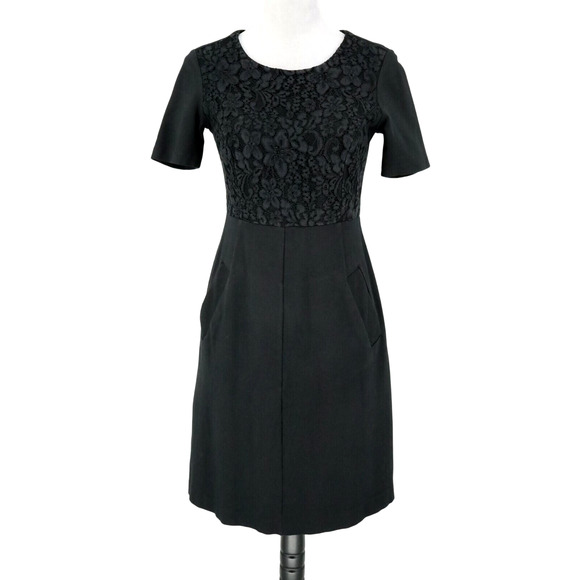 Lands End Dress Womens 4 Black Lace Bodice Stretch Knit Back Zip Pockets Career - Picture 1 of 14